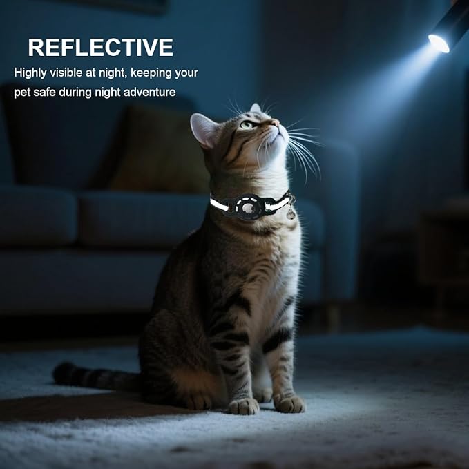 Reflective Cat Collar with Airtag Holder Breakaway Safety Airtag Kitten Collars with Bell for Male Female Boy Cats,Black