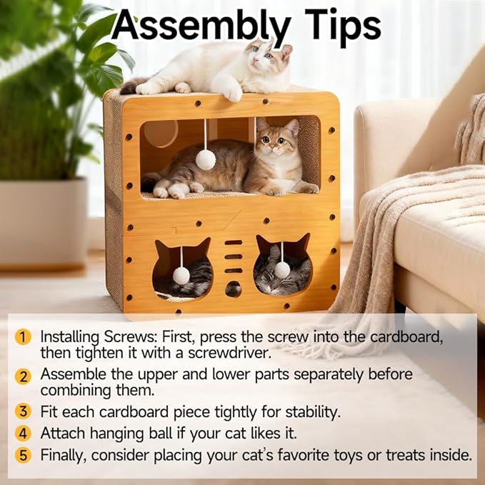 Cat Beds for Indoor Cats，Wooden Cat Scratcher House & Cardboard Condos，Covered Bedsure Kitten Bed Cave Furniture，Cute Playhouse Box，Small Size，for Cats Under 10 lbs