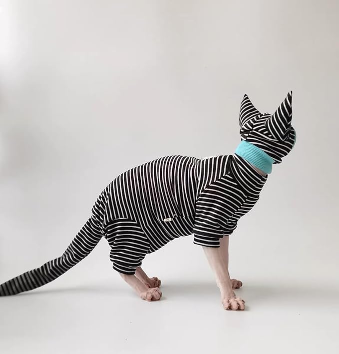 Sphynx Cat Clothes Black Stripe Breathable Shirts Suit, Pet Hat and Shirt Set (Medium)