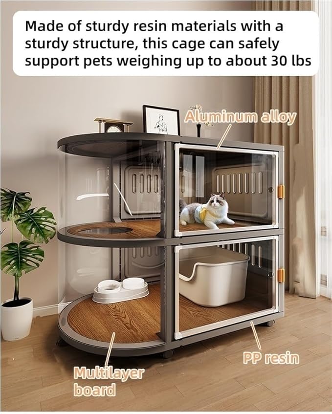 PP Materials Cat House Large Space, Enclosed Cats Condo, Cat Enclosure with Wheels, Cat Villa with Curved Transparent Windows(White,36.6x38.2in)