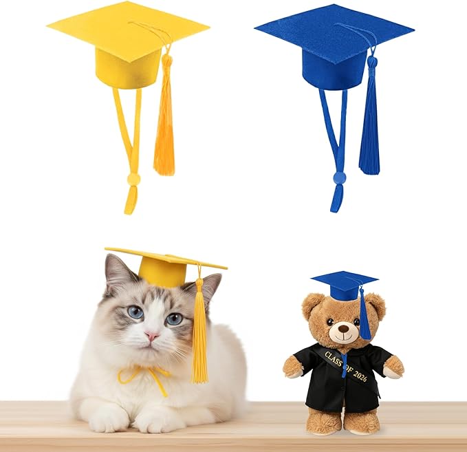 Mini Graduation Caps with Tassel, 2 Pack Gold and Blue Mini Graduation Caps, Small Animal Bachelor Hats for Adjustable Pet Graduation Photo Props Cat Dog Holiday Costume Accessories