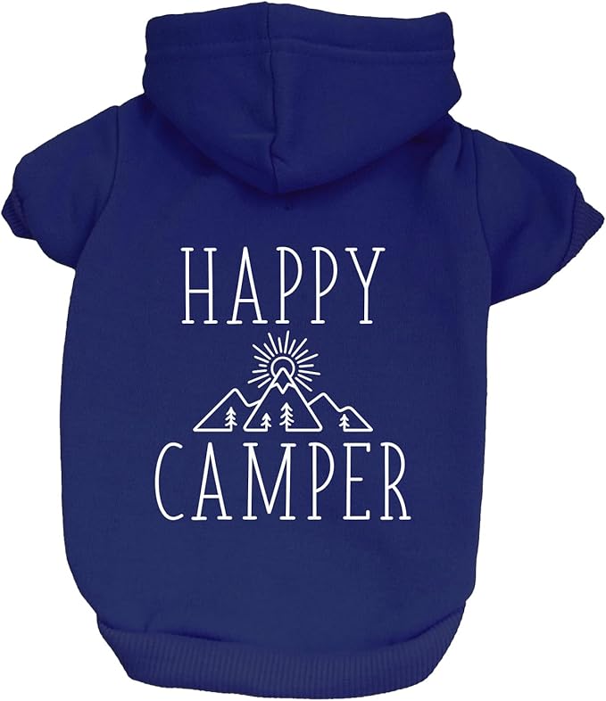Happy Camping Dog Hoodie | Fleece Lined |Leash Hole| Summer | Outdoors | Travel | Hike|Royal Blue, Small 278