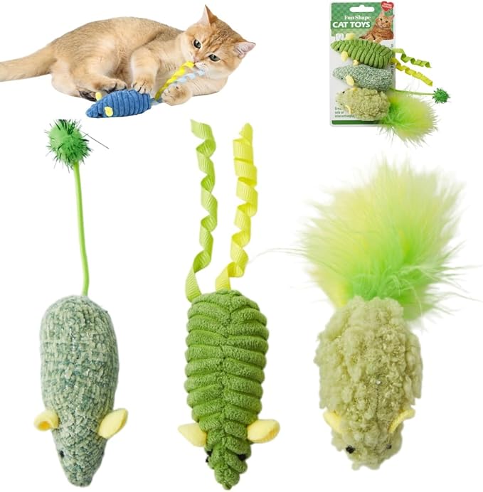 Cat Mouse Toys (3 Pack) with Catnip - Small Interactive Cat Toys for Indoor Play, Perfect for Single or Multi-Cat Households (Green)