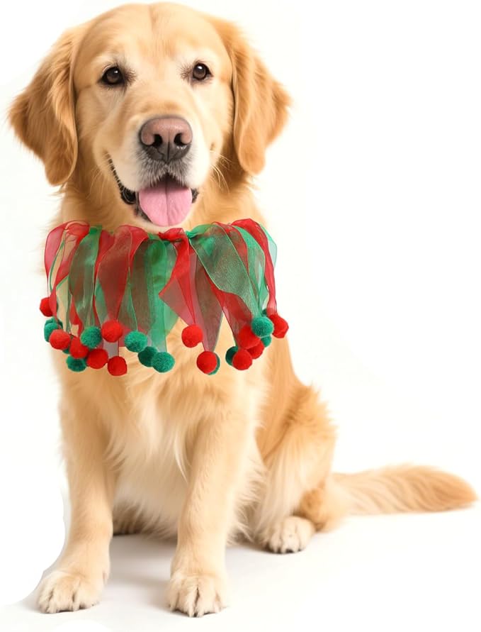 2PCS Christmas Pet Collar Ornaments Red Green Collar Adjustable Holiday Dress for Cat and Dog (C-S-30CM)