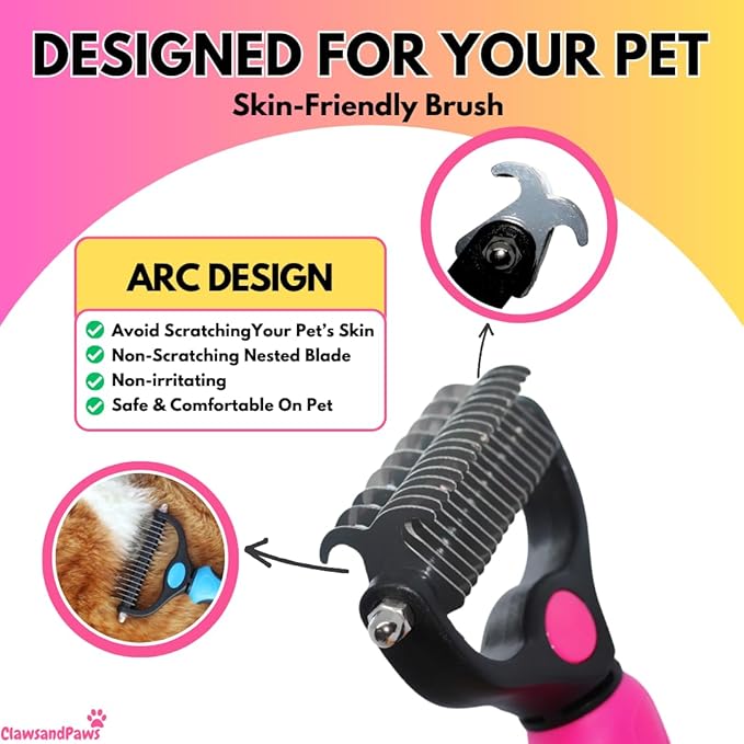 ClawsandPaws Professional Pet Grooming Brush, Shedding & Dematting Brush for Short/Medium/Long Haired Cats/Dogs, Undercoat Rake, Deshedding Tool, Dog Brush, Dematting Comb, Pink
