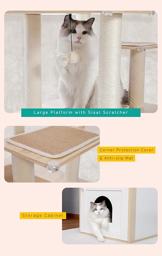 PETEPELA 56.7" Cat Tree with Litter Box Enclosure Large, Wood Cat Tower for Indoor Cats with Storage Cabinet and Cozy Cat Condo, Sisal Covered Scratching Post and Repalcable Dangling Balls, Beige