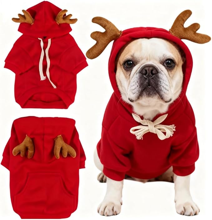 New Christmas Dog Hoodie Elk Pocket Sweater Small and Medium Pet Cat Red Clothes (Elk Pocket Sweater,2XL)