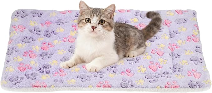 Dog Cat Bed Mat, Soft Coral Fleece Pet Cushion Pad with Cute Paw Print, Warm Washable Pet Bed 23x18 Inches, (Purple), Intended for Medium Small Dog Cat