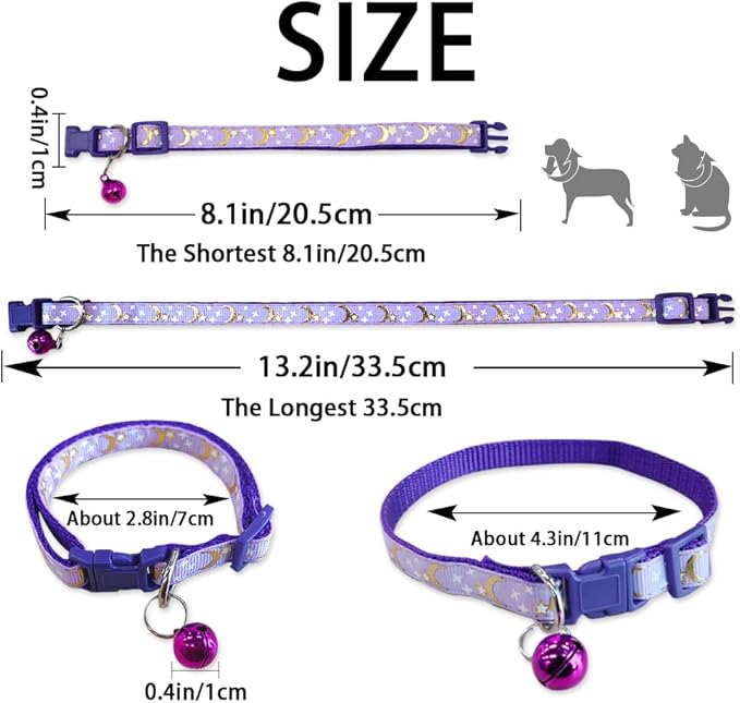 5 PCS Adjustable Moons and Stars Kitten Collars with Bell, Perfect for Pet Supplies, Safety Buckle (5 Colors)