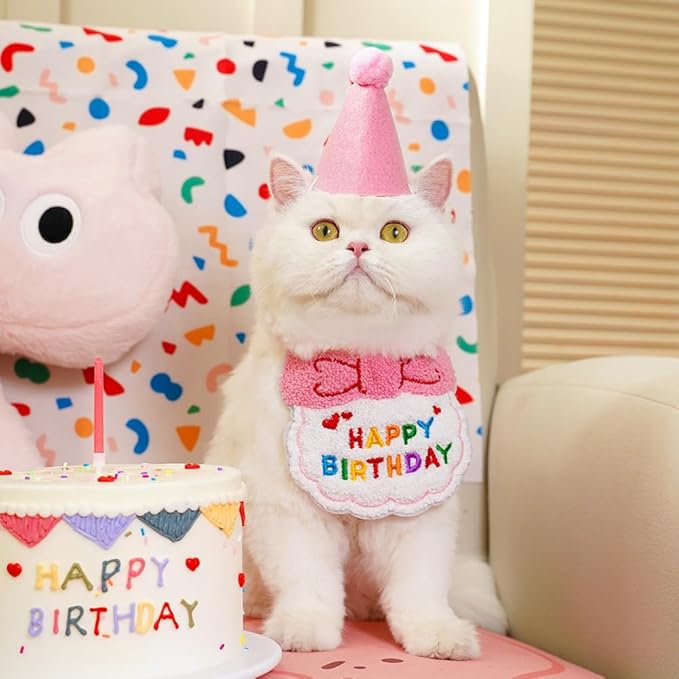 Pet Birthday Party Set, Adjustable Hat and Bandana with Happy Birthday Text, 2-Piece Celebration Accessories for Cats and Dogs (Pink)