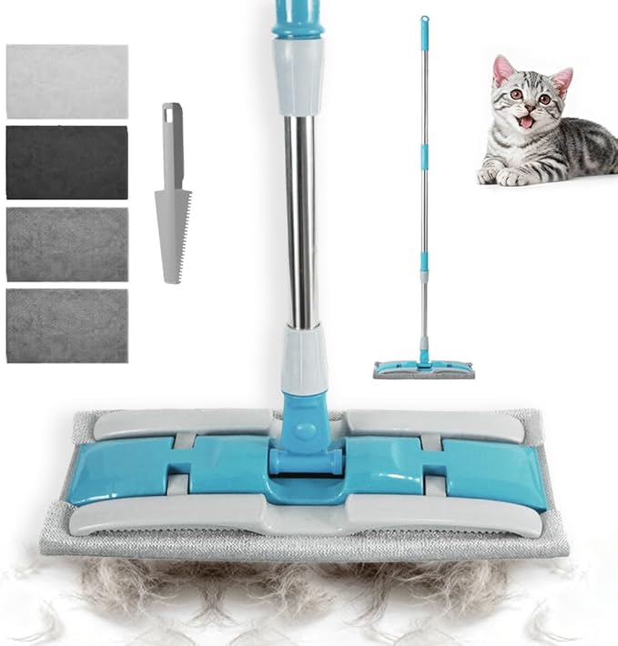 Electrostatic Dust Clip-On Mop for Pet Hair, 57" Adjustable Long Handle, 360° Rotating Head, 2 Reusable Static Cloths, 2 Microfiber Cloths & 1 Scraper, Ideal for Pet Loose Hair & Daily Dust Cleaning