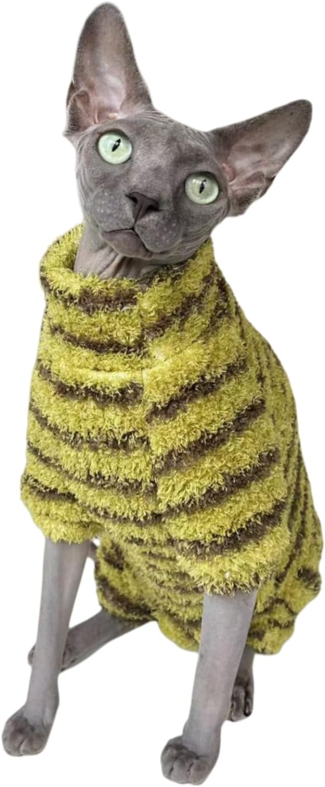 Sphynx Cat Clothes Four Leg Fleece Pajamas Super Soft Elastic Pet Clothes for Hairless Cat Surgery Recovery Suit Cat for Sphynx Devon Cornish (Green Black Stripe, Small)