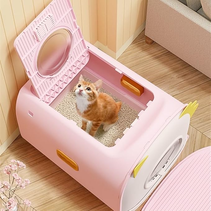 Pet Supplies, Oversized Cat Litter Box with High Sides, Semi-Closed Design Portable Pet Tray(Pink)
