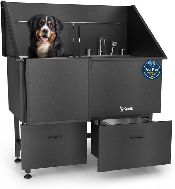 KANIS Professional Dog Washing Station 304 Stainless Steel Pet Wash Sink & Grooming Bathtub w/Shower, Floor Grates and Storage for Large, Medium & Small Pets (Black, 50 Inches, Left Ramp, 2 Drawers)