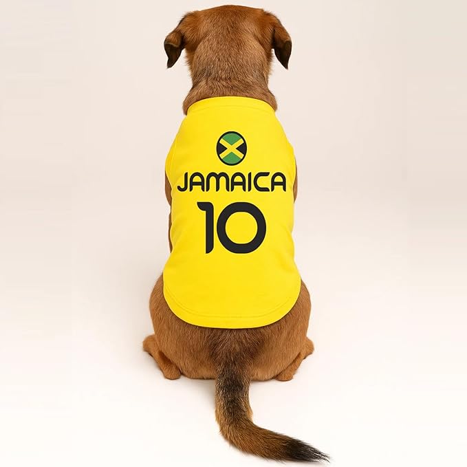 Jamaica Flag Soccer Jersey Style Dog Tee Shirt | Sleeveless Breeds | International Soccer | Game Day |Yellow, Small 1791