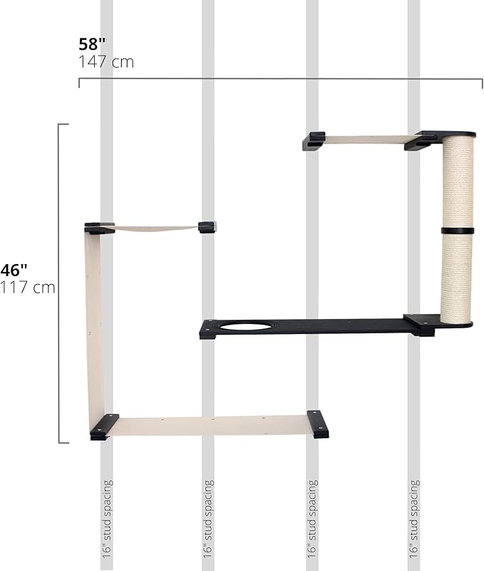 Catastrophic Creations Dakota - Multiple-Level Cat Hammock & Climbing Activity Center Wall-Mounted Cat Tree Shelves, Onyx/Natural
