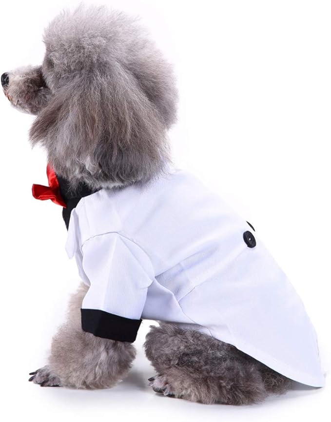 GabeFish Pets Wedding Jackets Suit for Dogs with Bow Tie Puppy Cat Formal Clothes Shirt Tuxedo (White, M (Chest 15.3in/39cm)
