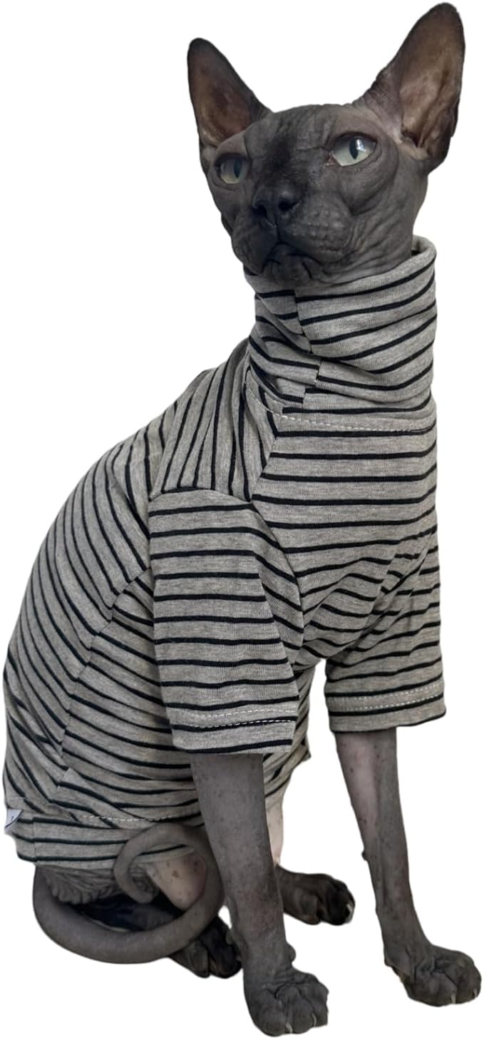 Vintage Stripes Sphynx Hairless Cats Shirt Cotton Cat Turtleneck Pet Clothes Kitten T-Shirts with Sleeves for Sphynx Cornish Rex, Devon Rex, Peterbald (Grey Stripe, Large (Pack of 1))