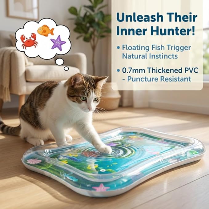 Interactive Cat Toy for indoor Cats, Upgraded Cat Water Mat with Fish - Thickened 0.7mm Enrichment Stimulating Water Sensory Play Mat, Water Bed Toys for Bored Adult Kitten Cats to Exercise & Hunting