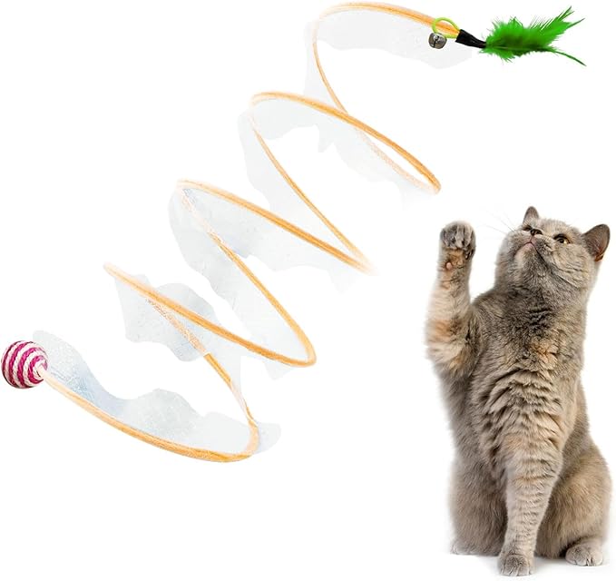 Andiker Cat Tunnel Toy, 10inch Collapsible Metal Cat Spring Toy with Nylon Mesh, Feather, Mouse, and Bell, Interactive Cat Toys for Indoor Cats to Scratch, Puzzle, Relax and Kill Time (Ball)