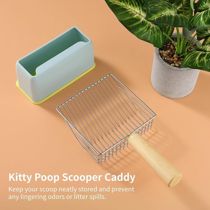 Cat Litter Scoop with Abs Holder and Stand, Metal Poop Scooper Set with Wooden Handle for Litter Box Cleanup