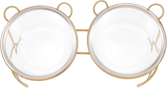 SHINEOFI Glass Cat Food Bowl Double Raised Pet Bowls Gold Iron Stand Indoor Feeding Watering Small Dogs