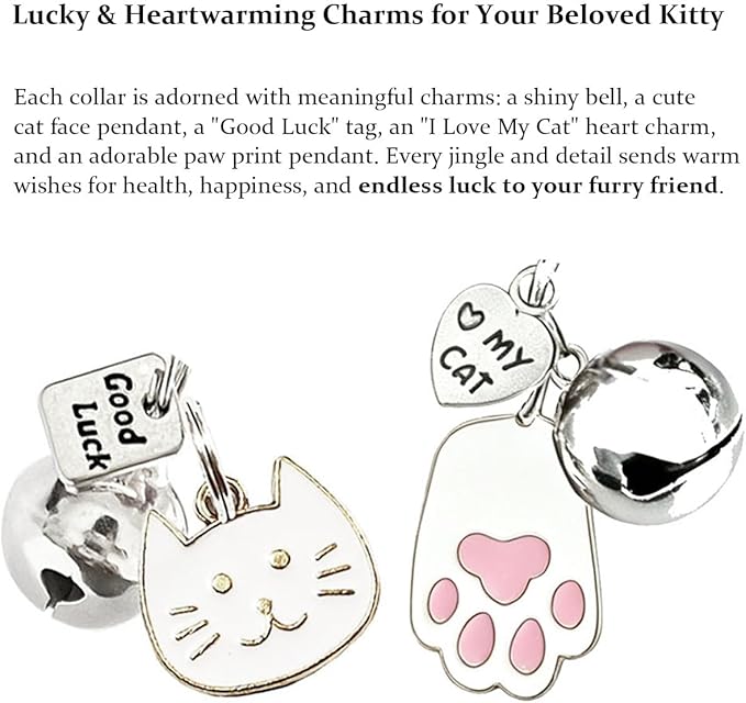 2 Pack Cotton Breakaway Cat Collars with Bell and Charms Pink Solid Plaid Safety Collars for Girl Boy Cats, Cat Head and Paw Pendant Cute Kitten Collars