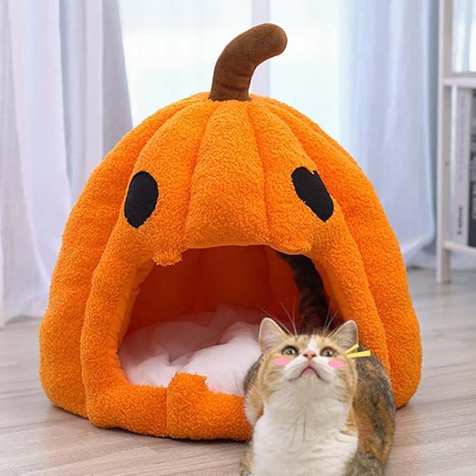 Cute Pumpkin Cat Bed for Indoor Cats，Pumpkin Shape Cat House with Removable Washable Cushioned Pillow，Cat Cave Bed Cat Tent for Puppy and Kitten (A-Orange,16 in)