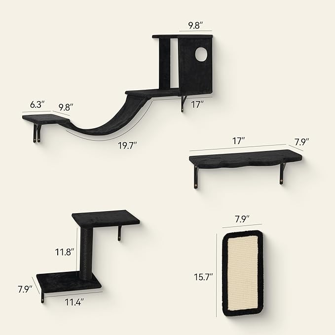 Meecal 6-in-1 Cat Wall Shelves, Wall-Mounted Cat Furniture for Indoor Kittens, Modern Floating Shelves with Scratching Posts, Bed, Perch, Bridge, Condo, Steps and Scratcher, Space-Saving Gym, Black