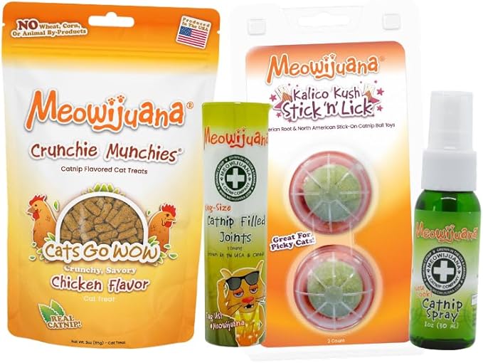 Meowijuana Sampler Stash #1 Bundle | Crunchie Munchie Chicken Treats, Kalico Kush Stick 'n' Lick, 1 oz Premium Catnip Spray and 3 ct Rollies | Promotes Play and Cat Health