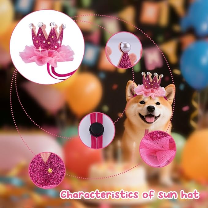 Lace Crown Dog Birthday Hat for Boy Girl Dogs Cat Birthday Party Hat with Pearls for Pet Hot Pink Birthday Hats for Pet Adjustable Dog Cat Kitten Bday Hat for Pets Birthday Party Hats