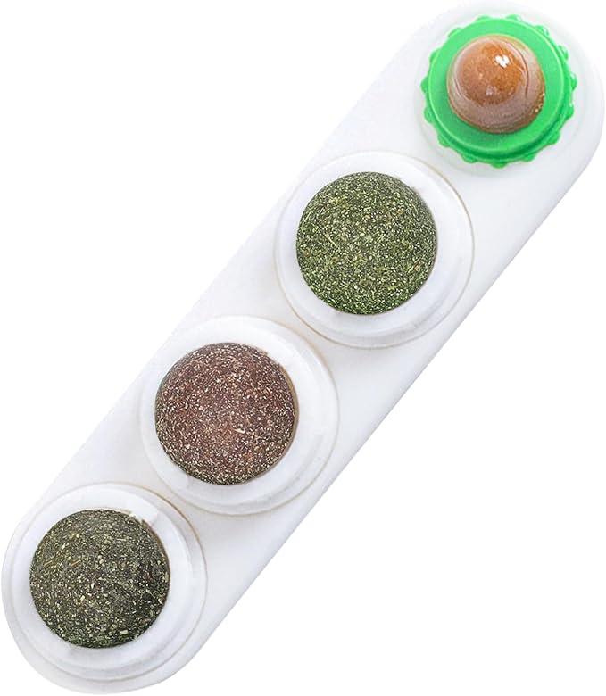 SunGrow Catnip Balls for Wall, 4 Slots - Mint, Wooden Vine, Insect Fruit, Cat Candy, Edible Kitty Chew Toys for Entertainment & Oral Care, Detachable and Rotatable Design, White, 8" x 2" x 1.5", 1 Pc 