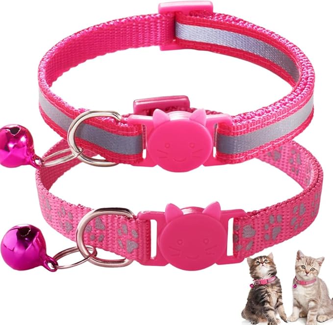 Reflective Cat Collar with Bell, 2 Pack Breakaway XS Kitten Collars Girl Cute Soft Safety Buckle Quick Release for XXS XSmall Extra Small Tiny Little Female Pet Hot Pink