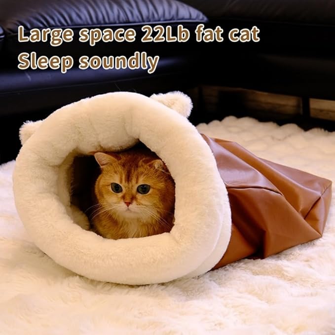 Winter Warming Cat Sleeping Bag，Soft Plush Sleeping Bag for Indoor Cats，Cozy Pet Nest for Cats and Dogs, Portable Calming Pet Nests，Cat Cave Bed Self Warming (Leather, Large（22.5 * 18.8 in）)