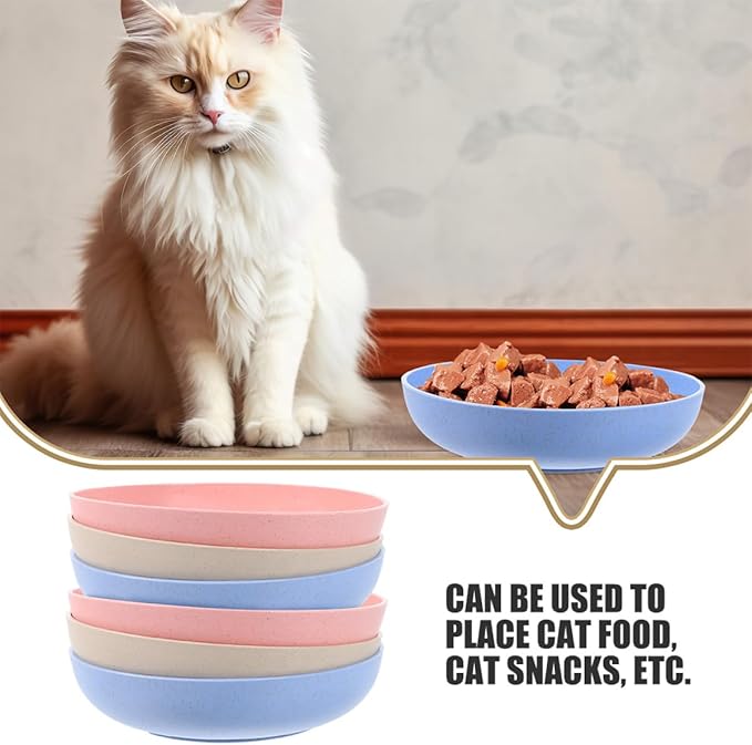 VICASKY 12pcs Shallow Plastic Cat Bowls for Feeding and Watering Indoor Cats Kitten Food Dish Wide Whisker-Friendly Pet Supply Set in Beige Pink and Blue