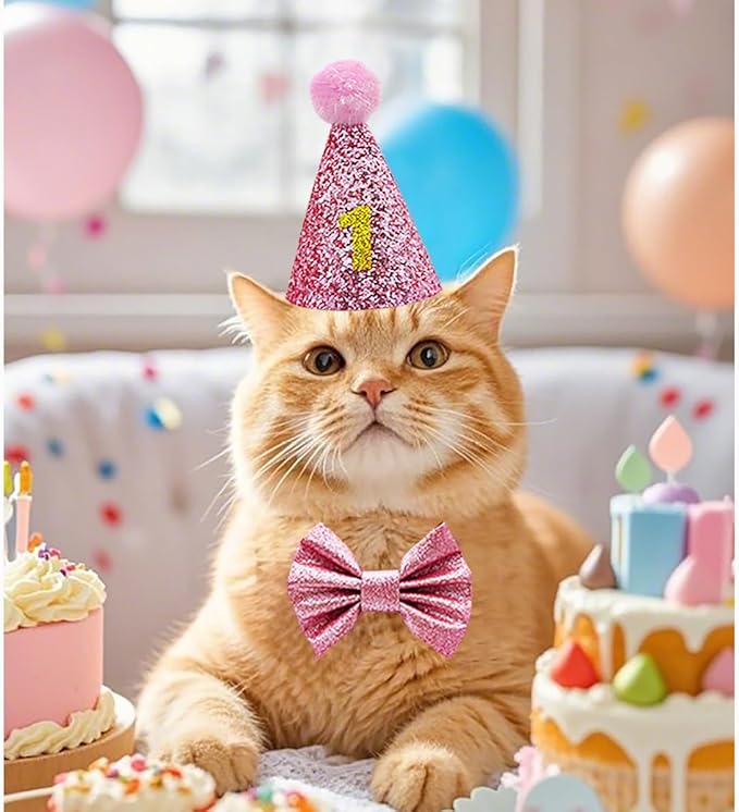 Cat Birthday Hat Girl Happy Birthday Decorations Outfit Banner Party Supplies Bow tie Collar Catnip Chew Biting Kick Toys for Cat Girl (Pink)