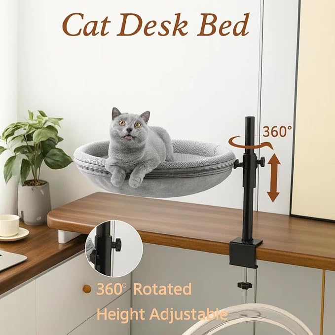 Cat Desk Bed - 360°Rotating & Height Adjustable Kitten Hammock Beds for Desks, Furniture for Office Table and Game Tables