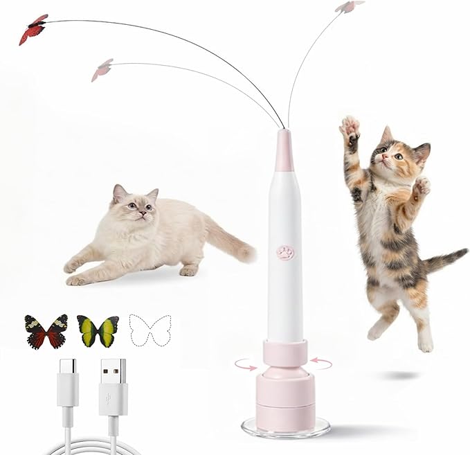 Interactive Cat Toys for Indoor Cats - Electric Cat Wand Toy with Butterfly, Self-Play & Handheld Dual Mode, USB Rechargeable with Strong Suction Base, Smart Motion Activated Enrichment Cat Toy, Pink