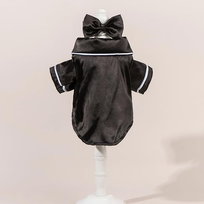Cat Puppy Costume Elegant Satin Pajamas with Bow Headband 2PCs Set Pet Sleepwear Cute Pet Outfit Cosplay Partywear Photoshoots (Black Set,Small)