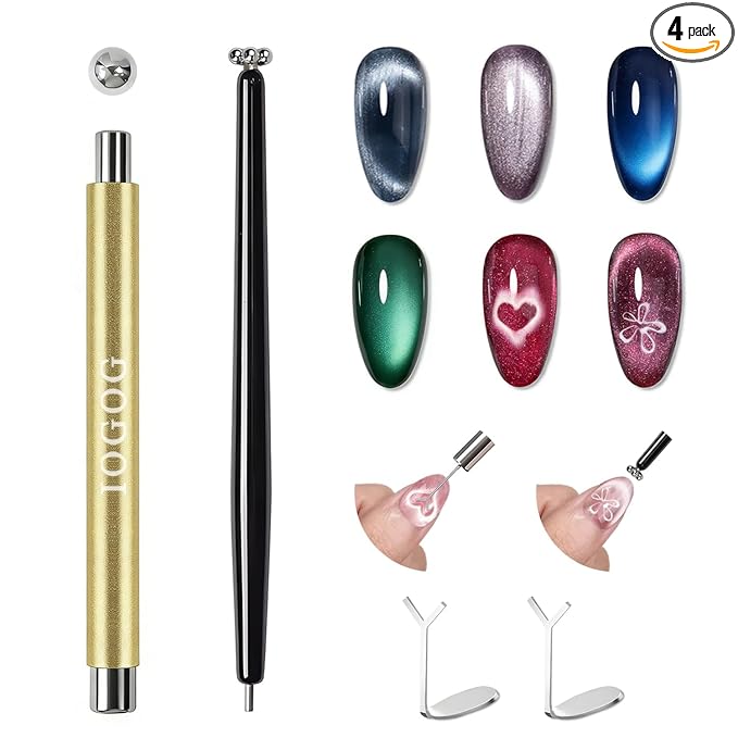 4Pcs Cat Eye Magnet Set – 2 Powerful Double-Ended Nail Magnet Pens & 2 Heart Nail Magnets for Nail Art, Create French, Floral & Heart Effects, Magnet for Cat Eye Gel Nail Polish, Home DIY