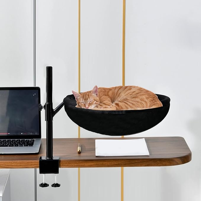Desk Cat Bed Hammock, 360 Rotating Cat Nest Seat, Space Saving Pet Bed Mounted On Table with Washable Cushion Cover, Modern Cats Furniture for Home Office Setup Desktop Use