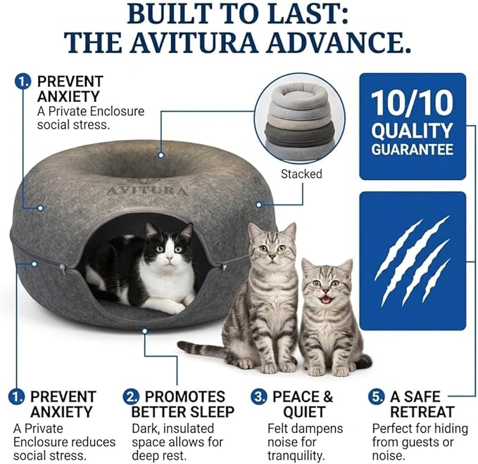 AVITURA Peekaboo Cat Cave - Large Cat Tunnel Bed for Indoor Cats up to 30lbs, Durable Felt Cats Donut Cave & Interactive Scratch Resistant Hideaway, Detachable Zippered Kitty Bed & Pet Cave, Dark Grey