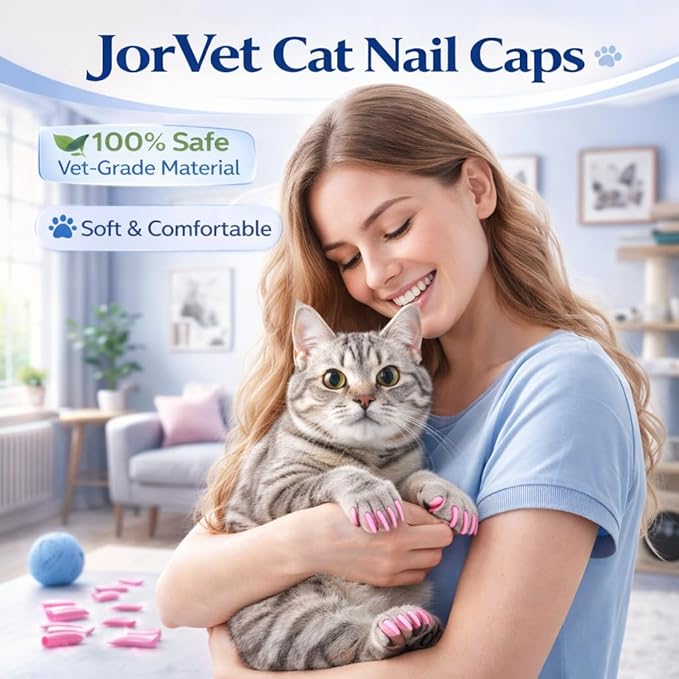 JorVet Cat Nail Caps (100pcs) | Soft Claw Covers for Indoor Cats to Stop Scratching and Protect Furniture | Easy to Apply, Safe, Non-Toxic with Durable and Comfortable Quality | Medium | Pink