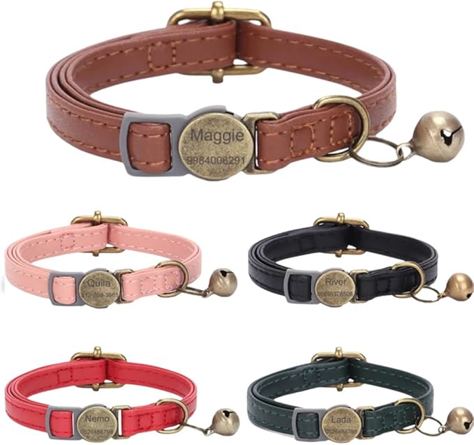 Vintage Style Leather Breakaway Cat Collar, Personalized Leather Cat Collar with Bells-Adjustable Customized Collar with Name & Phone Number Tag for Girl Boy Cats and Puppy(Brown)