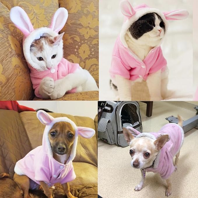 ANIAC Bunny Ears Cat Costume Plush Dog Hoodies with Pocket Sweater Cute Kitten Cat Clothes Warm Rabbit Ears Outfit with Hood for Small Dog Cat and Puppy (Pink-2, Small)