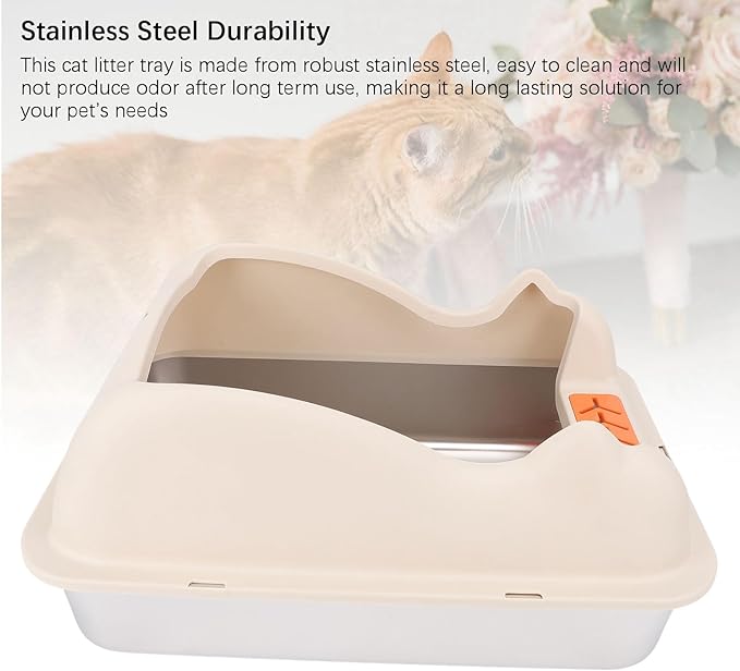 Large Stainless Steel Cat Litter Box with Lid | Easy to Clean, Anti Splash Design, High Sides for Less Mess (Khaki)