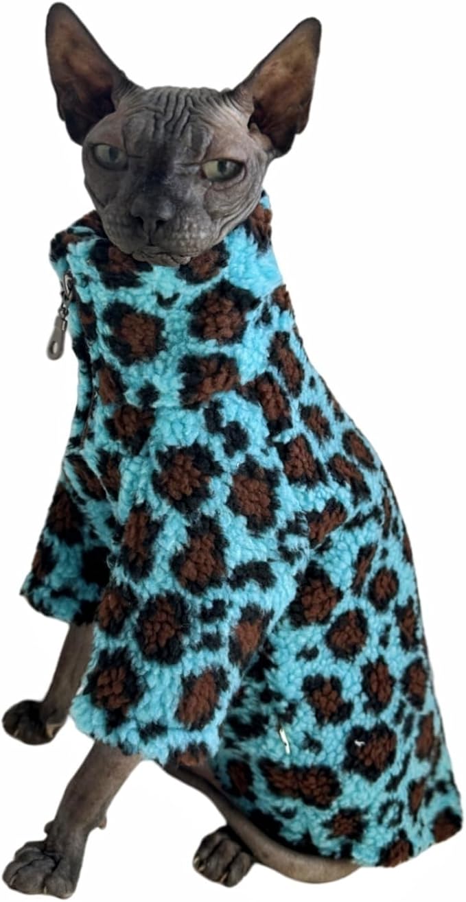 Turtleneck Sphynx Cat Winter Clothes, Double-Sided Fleece Jacket with Zipper, Sweater for Sphynx Cat Winter Warm Outfit Coat for Hairless Cats and Small Dogs Apparel with Sleeves (Leopard, Medium)