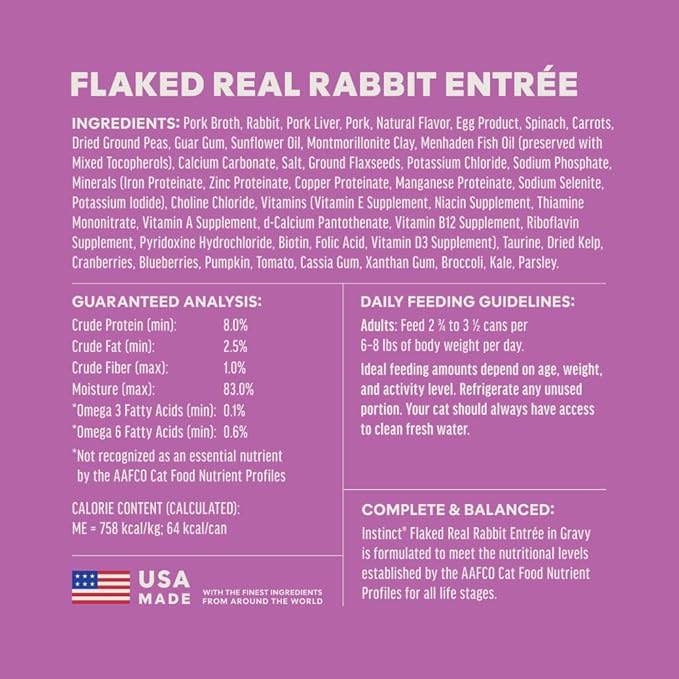 Instinct Flaked Entrees in Gravy, Wet Canned Cat Food, Grain-Free - Rabbit, 3 oz. Cans (Pack of 24)