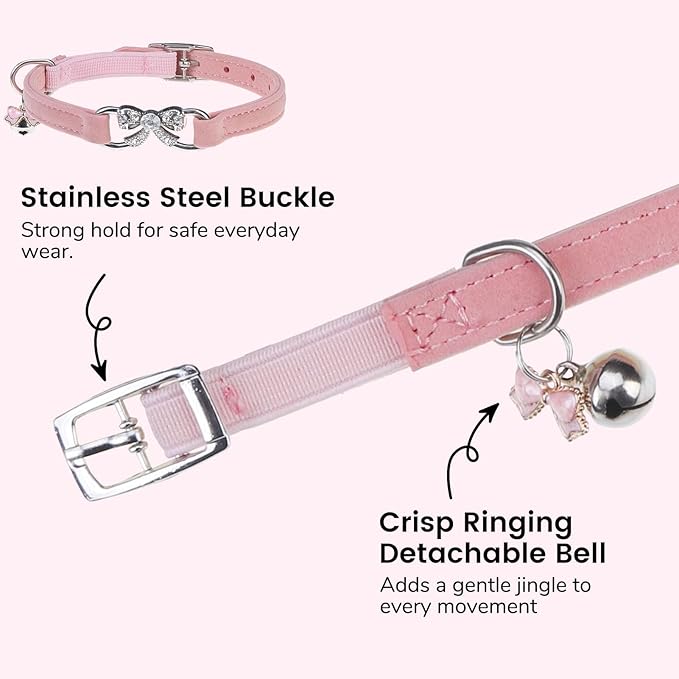 BINGPET Bling Cat Collar with Bells and Safety Belt,Adjustable Soft Velvet Kitten Collar with Diamond Bow,Cute Pink Cat Collars for Girl Cats(Pink, Neck Girth 8"-10")