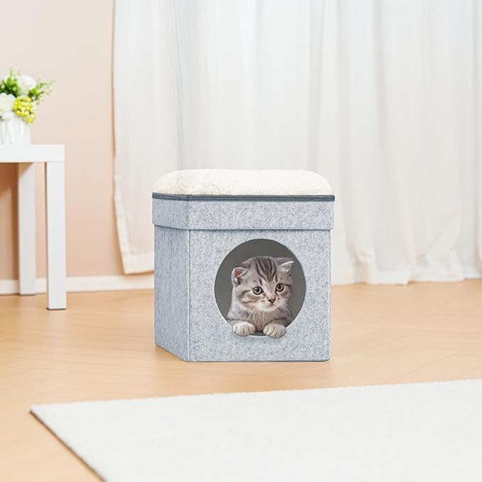 B FSOBEIIALEO Cat House Cube Small Dog Cubes For Indoor Cats Folding Cat Ottoman, Cat Cave, Stackable Cat Condo For Kitten, With Removable Soft Sleeping Bed, Felt And Engineered Wood 12.6"(Light Grey)